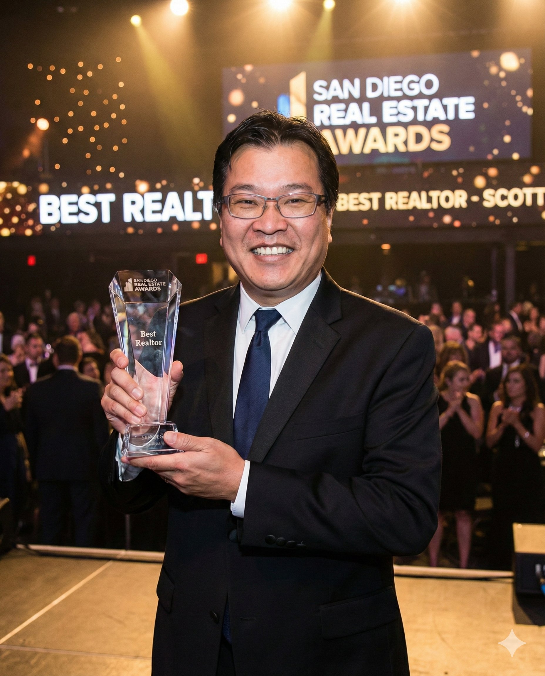 Scott Cheng receiving a real estate award for outstanding performance in San Diego