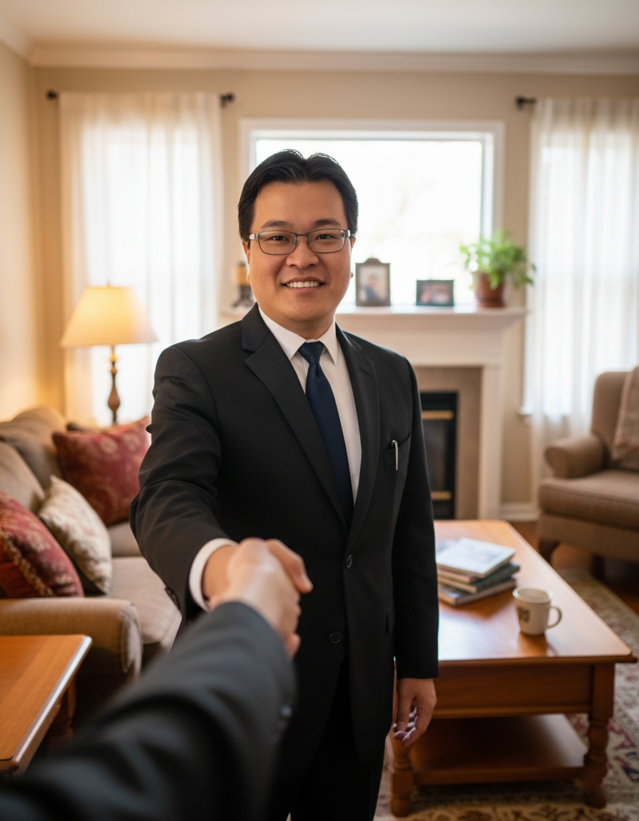 Scott Cheng shaking hands with a happy homebuyer client