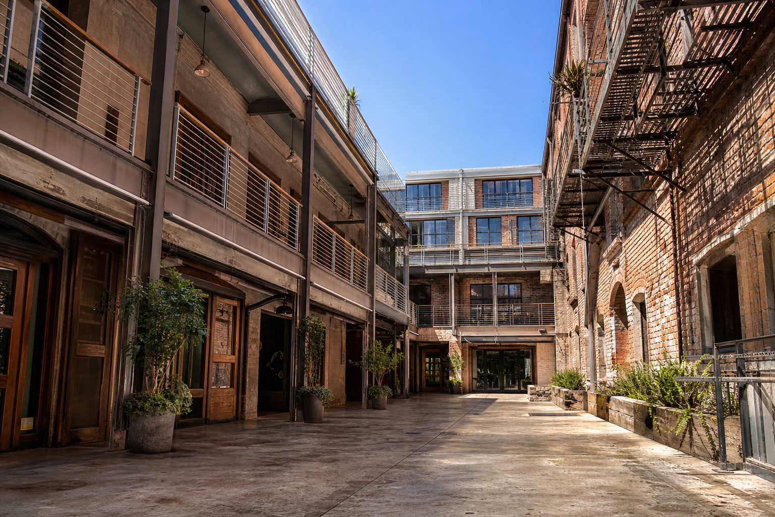 Historic courtyard interior of adaptive-use mixed-use building in Little Italy showing exposed brick, metal railings, and converted residential