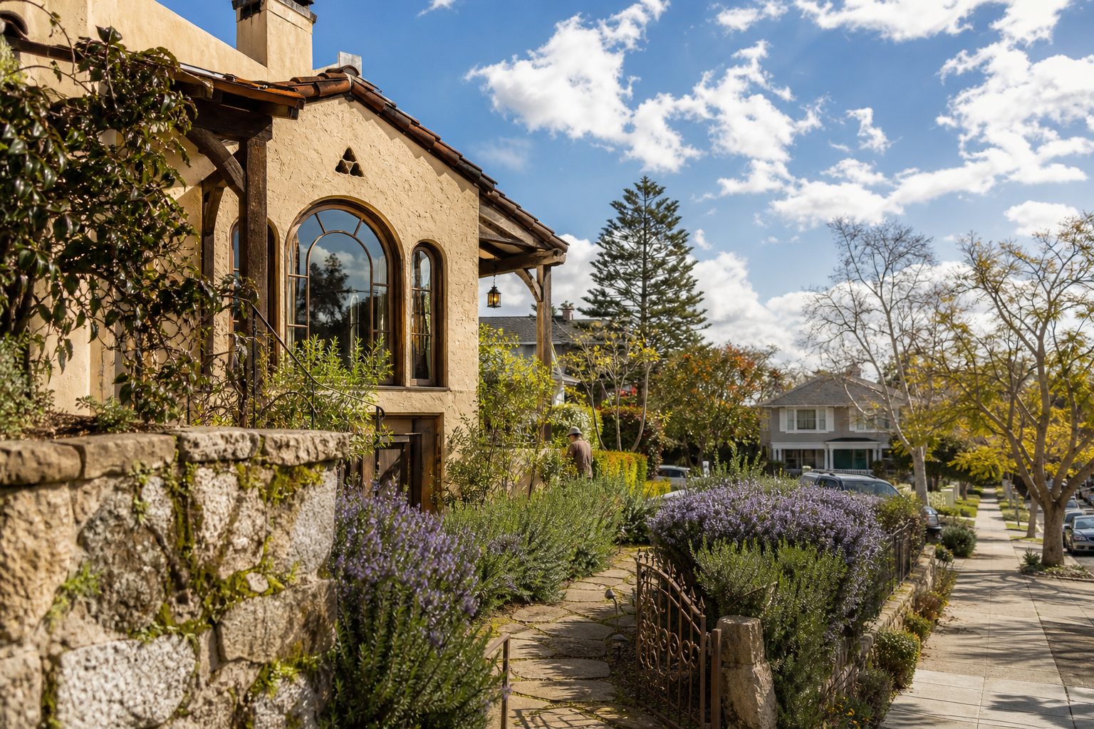 1930s Spanish Revival home with arched windows, native plantings, and authentic Kensington streetscape showing neighborhood's walkable character and