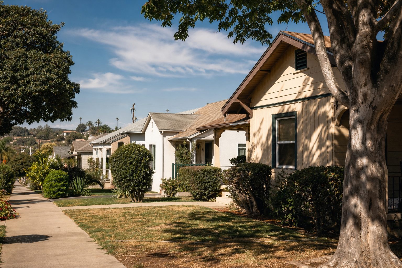 Tree-lined Encanto residential street showing authentic mix of single-family homes with varied conditions and native San Diego landscaping.