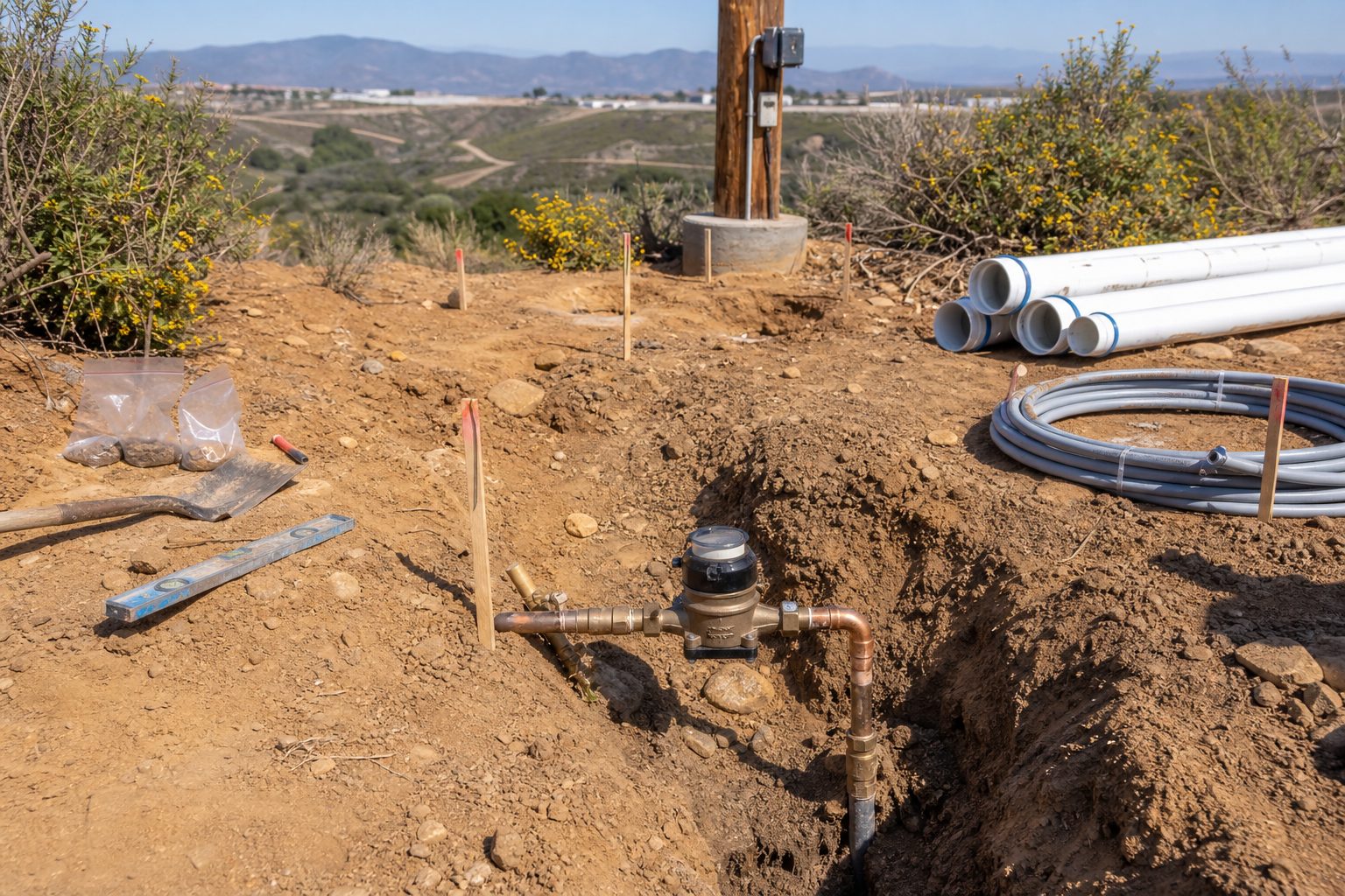 Water meter connection, sewer line, and electrical conduit installation in trenched utility work on raw Otay Ranch parcel.