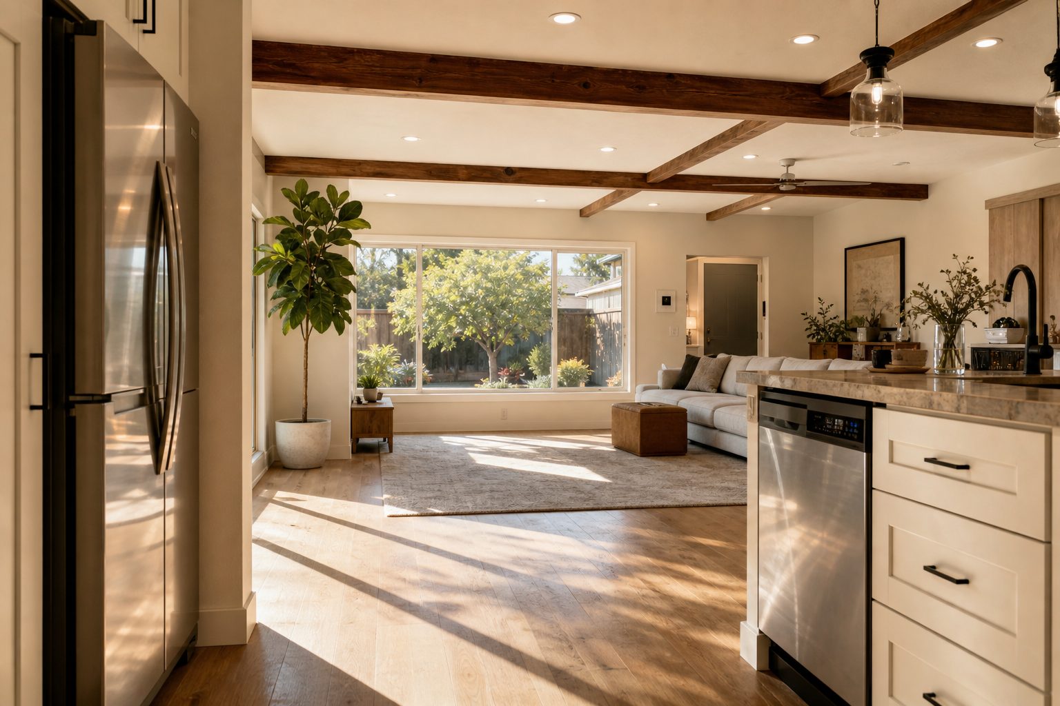 Open-concept living room and kitchen in a College Area San Diego home with south-facing window, mission-style beams, and backyard with lemon tree