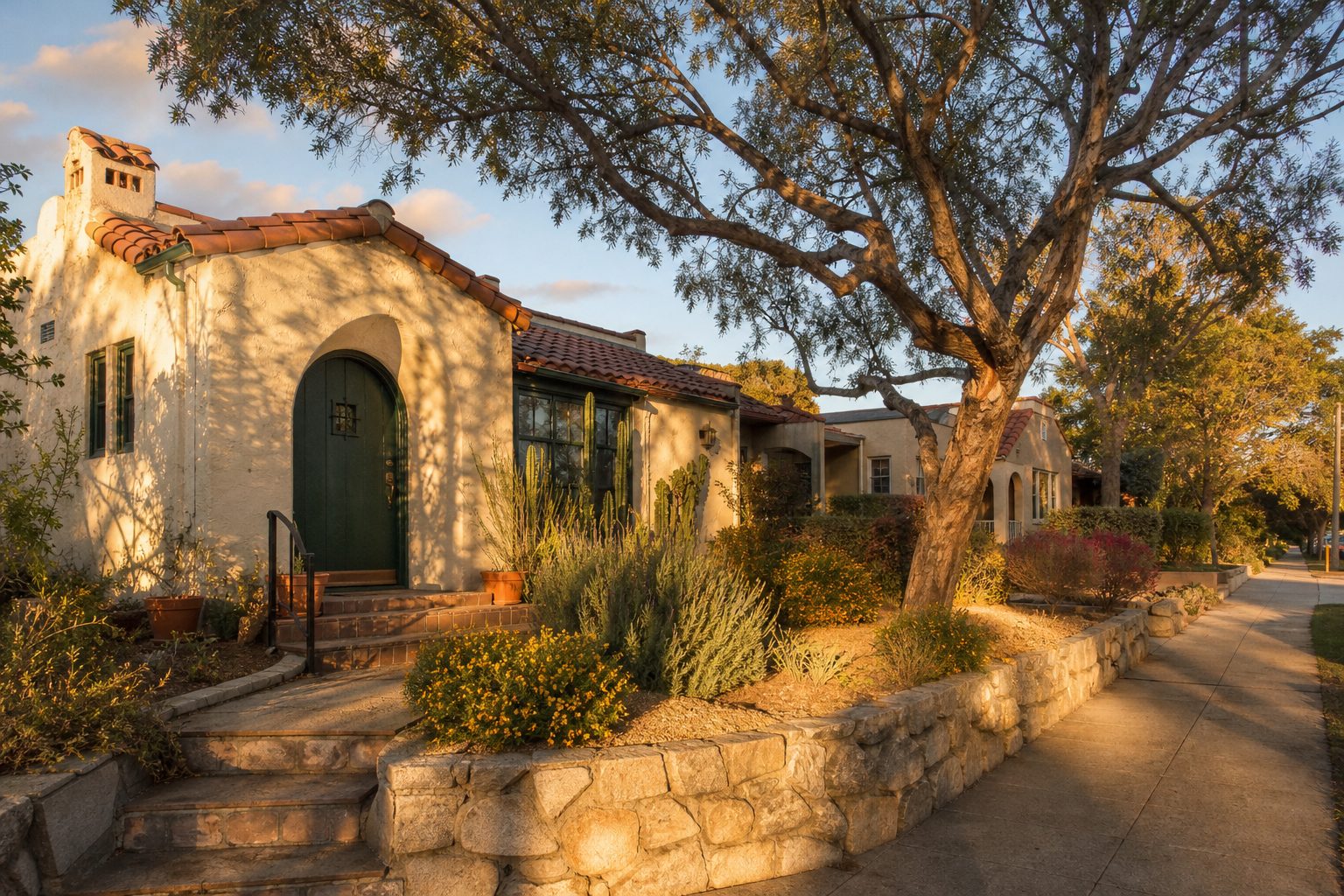 1920s stucco bungalow with tile roof and mature pepper tree in Normal Heights, San Diego.