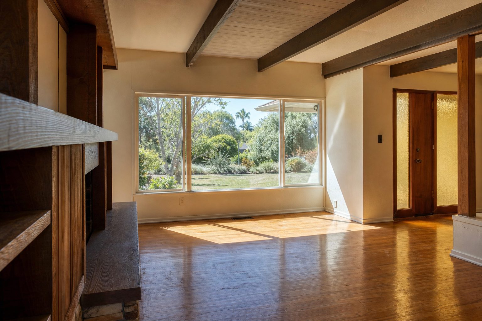 Interior living room with picture window overlooking backyard in Clairemont Mesa ranch home, natural midday light.