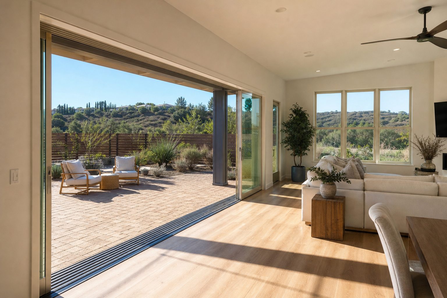 Open-concept interior-exterior view of turn-key Eastlake home with modern staging, hardscape patio, and desert landscaping visible through sliding