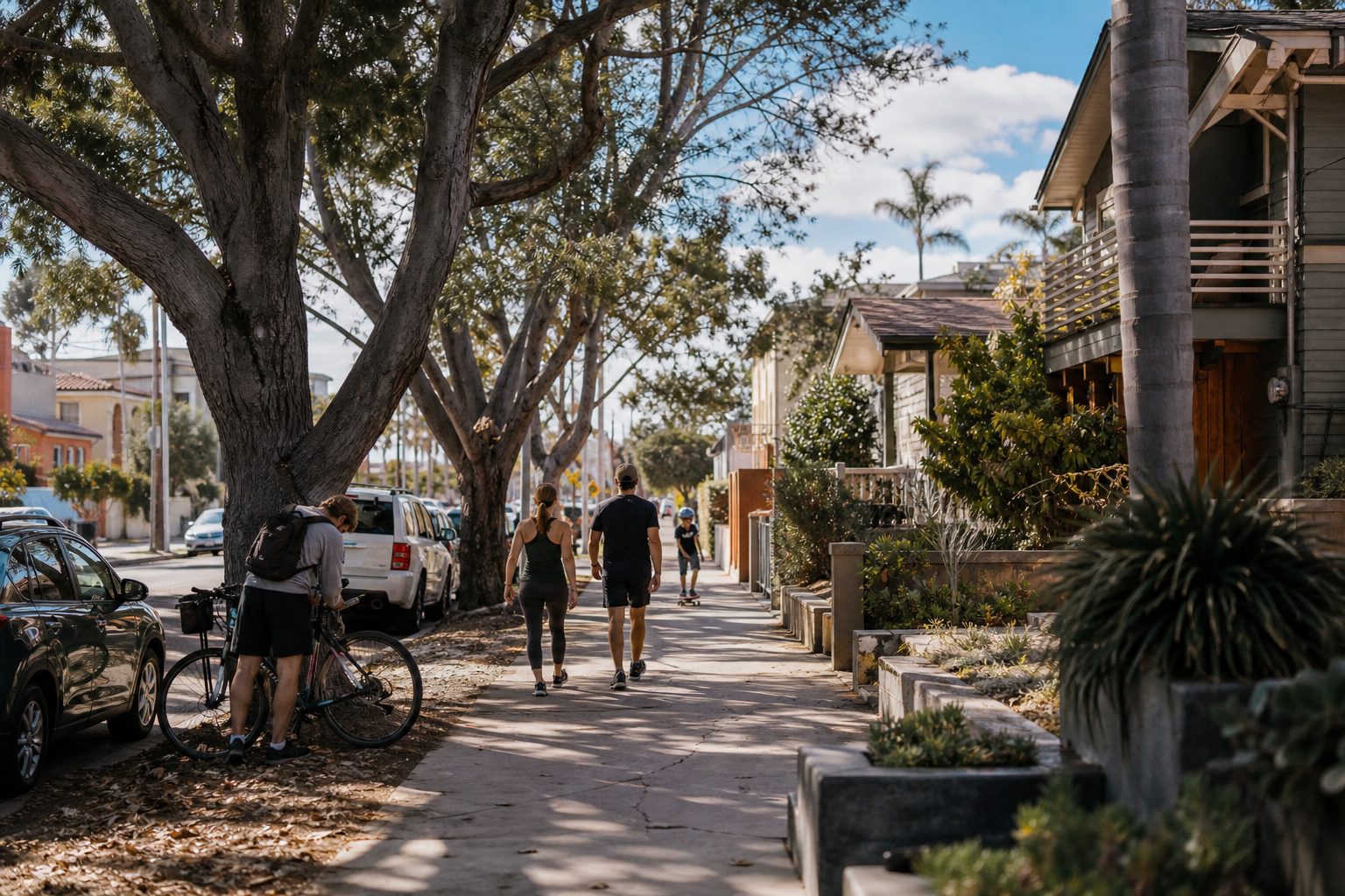 Tree-lined Pacific Beach street with detached homes, pedestrians, and mature Torrey pines in walkable coastal neighborhood, midday sunlight.