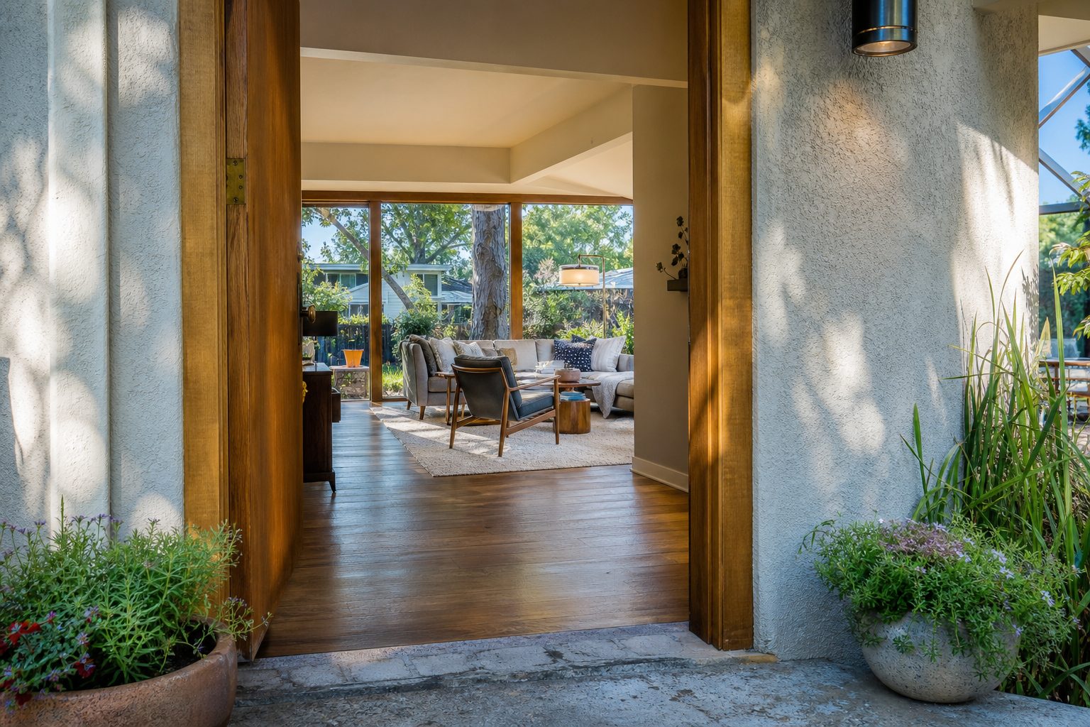 Mid-century ranch home in Clairemont Mesa with open front entry revealing sunlit interior and established backyard view.
