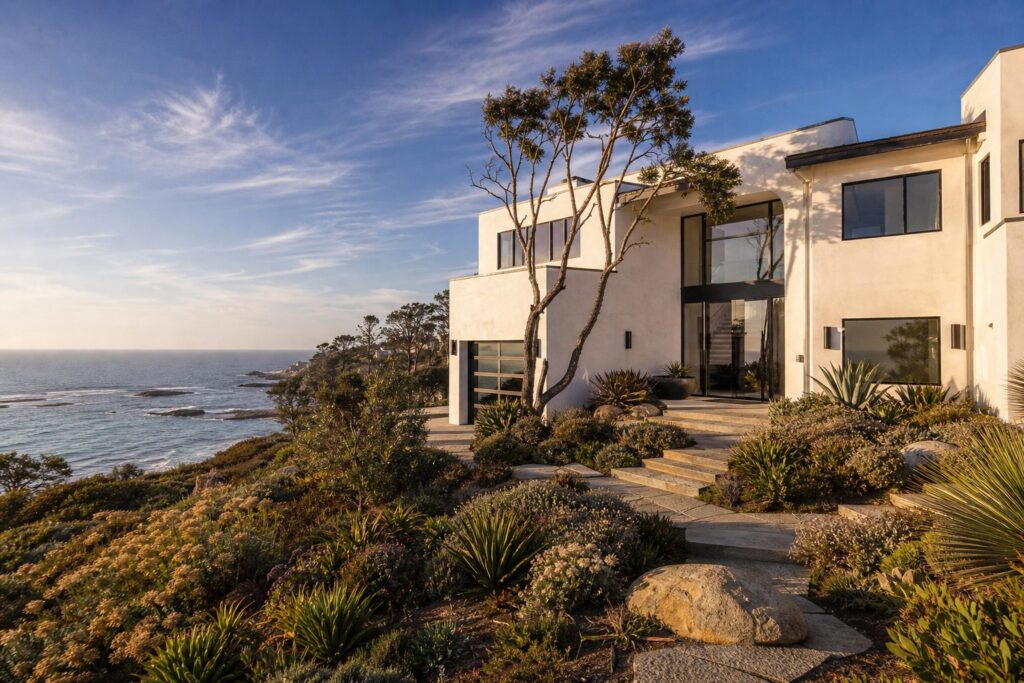 Contemporary coastal home set far back from a La Jolla bluff edge with native vegetation and Pacific Ocean views in afternoon light.