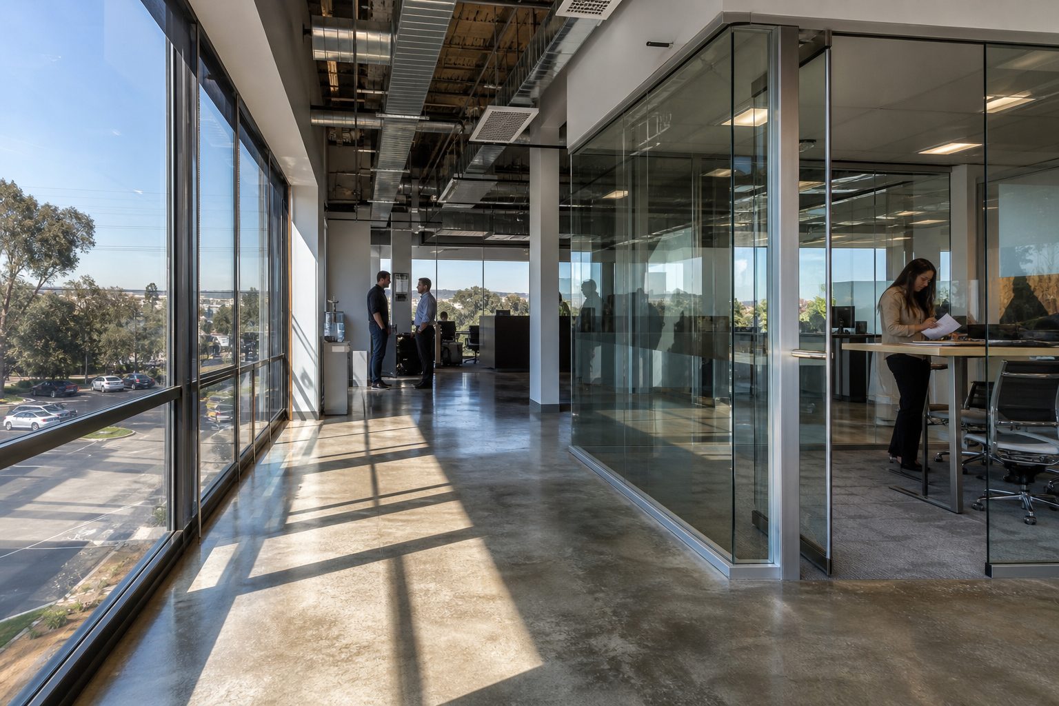 Modern office building interior with glass-walled conference rooms, natural sunlight, and casual workers in Kearny Mesa commercial space.