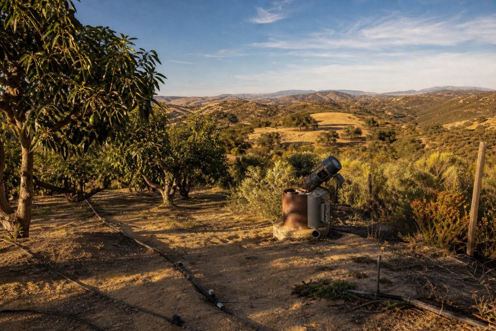 Drip-irrigated avocado orchard with working well in Ramona backcountry at golden hour, rolling chaparral hills beyond.