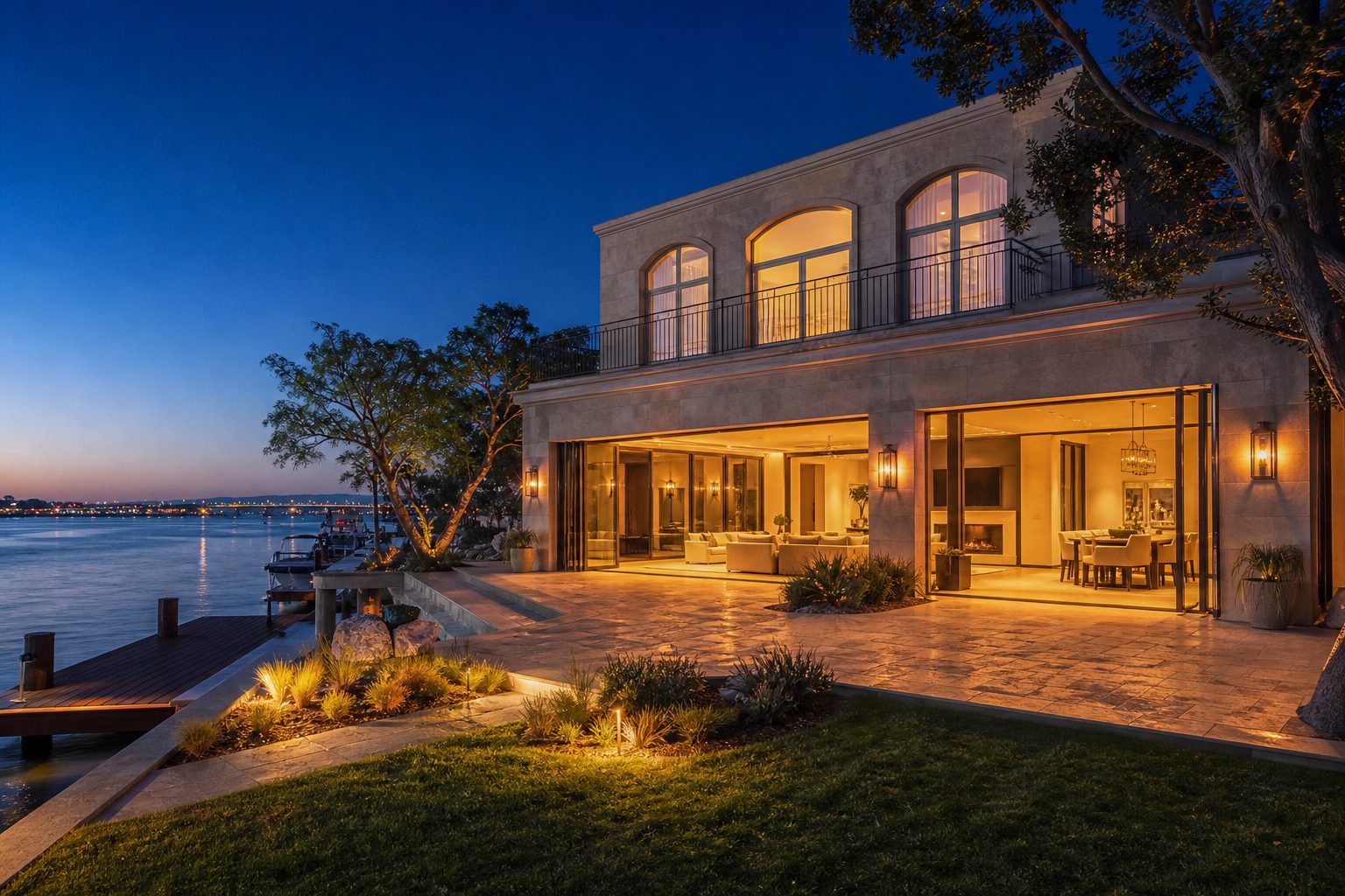 Contemporary luxury waterfront home in Coronado Cays at twilight with private dock, illuminated interior, and calm bay reflections.