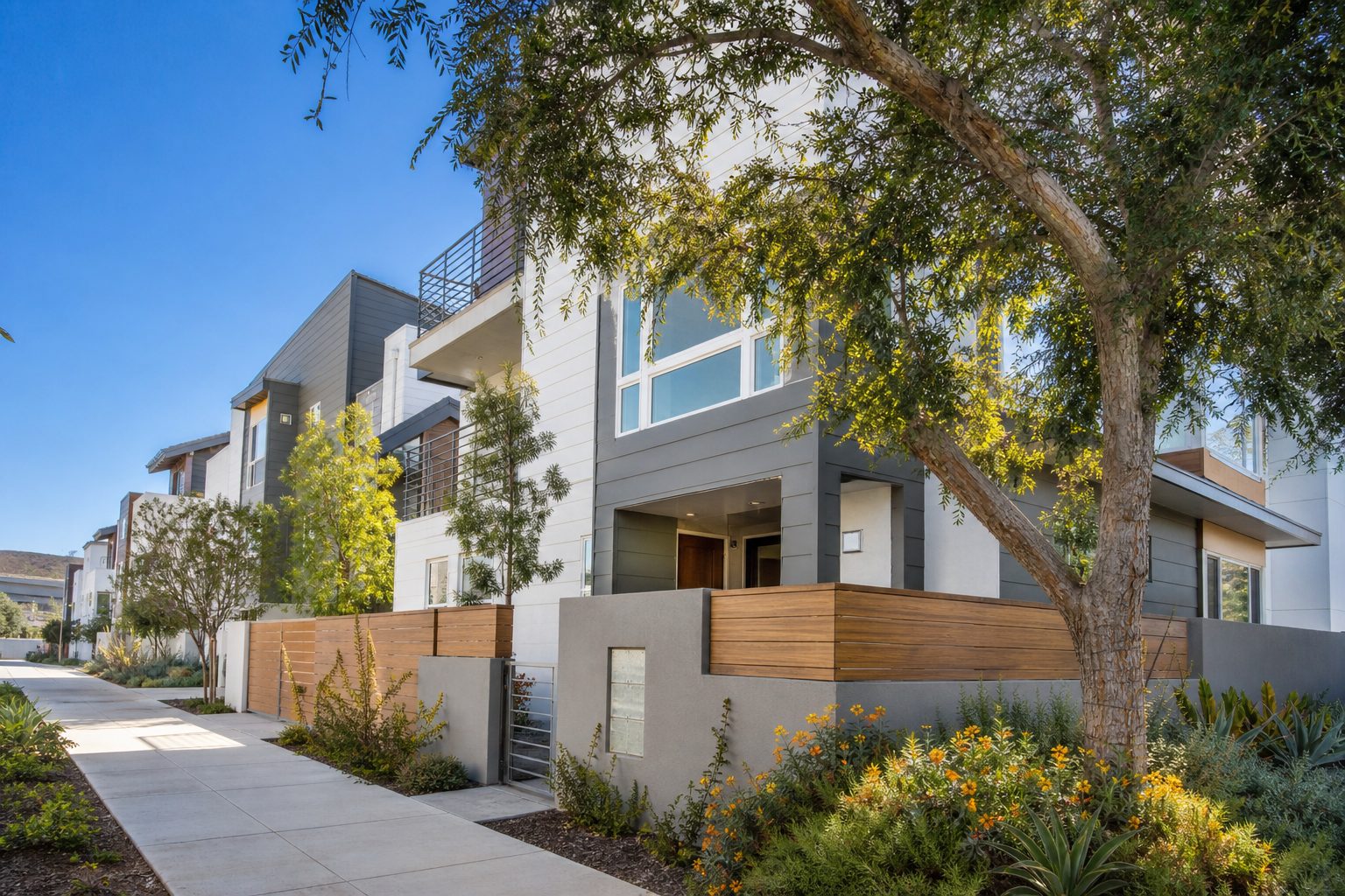 Contemporary townhome in Mission Valley near Friars Road with drought-resistant landscaping and walkable neighborhood setting in San Diego.