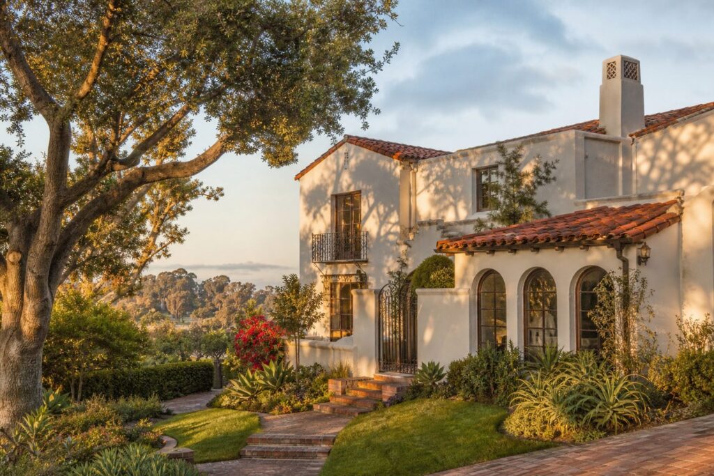 Spanish Colonial Revival home on tree-lined Mission Hills street with terra-cotta tile roof and mature oaks at golden hour.