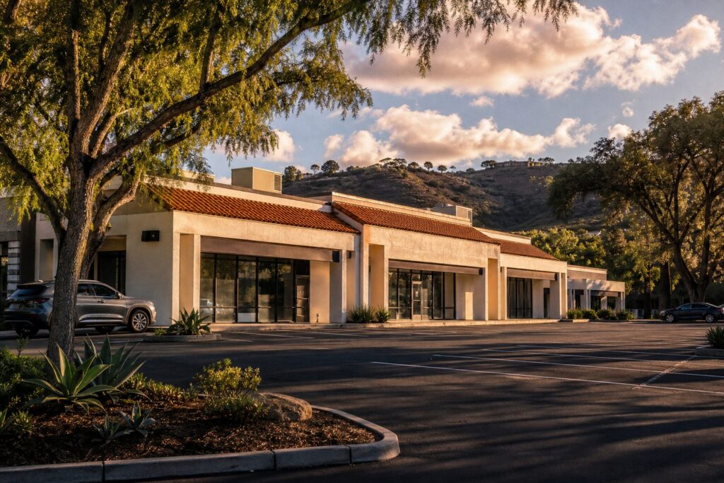 Modern retail strip center in Mission Valley with stucco exterior, storefront glass, and parking lot at golden hour.