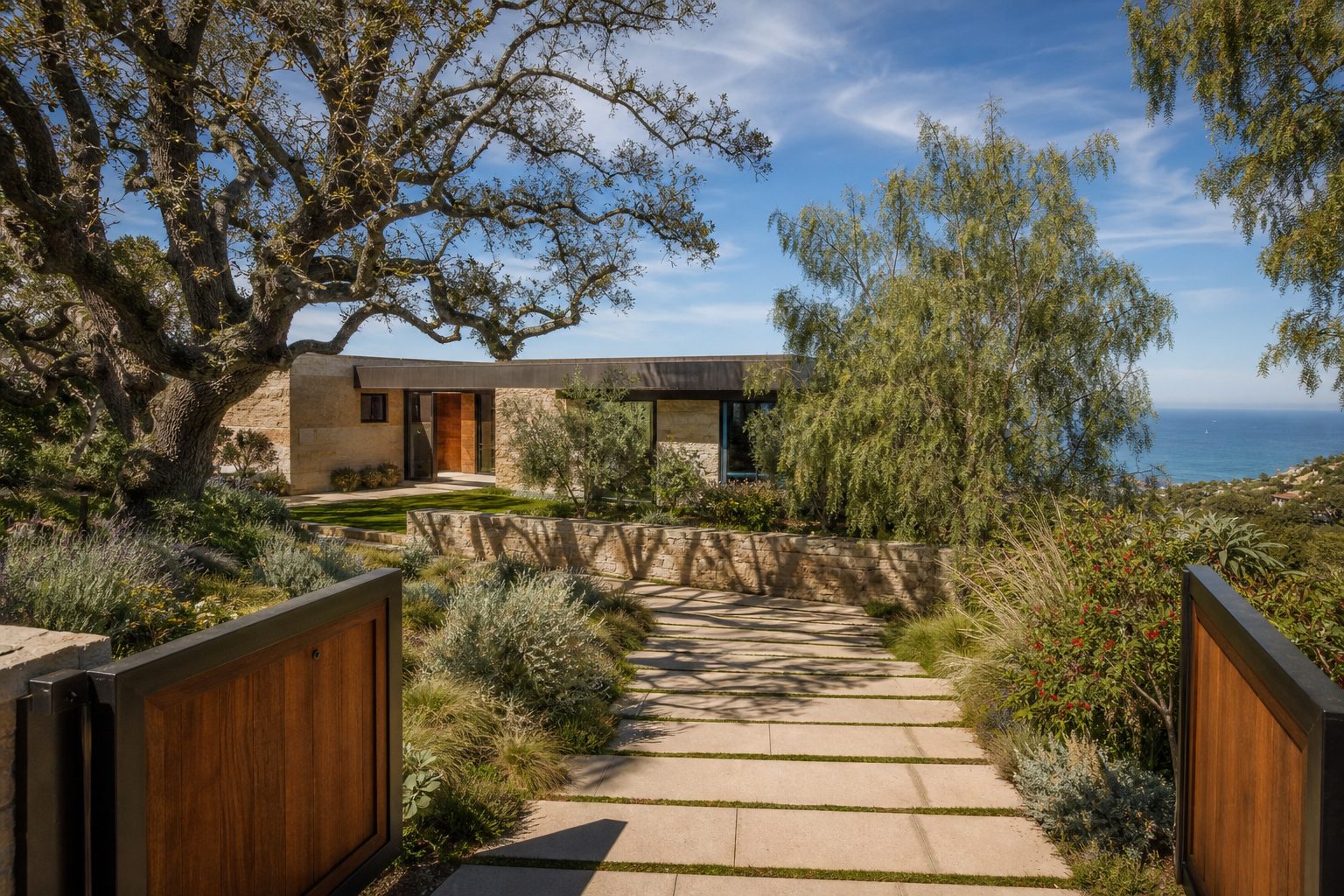 Elevated La Jolla estate with coastal oak trees, stone architecture, and ocean views across Muirlands neighborhood terrain.
