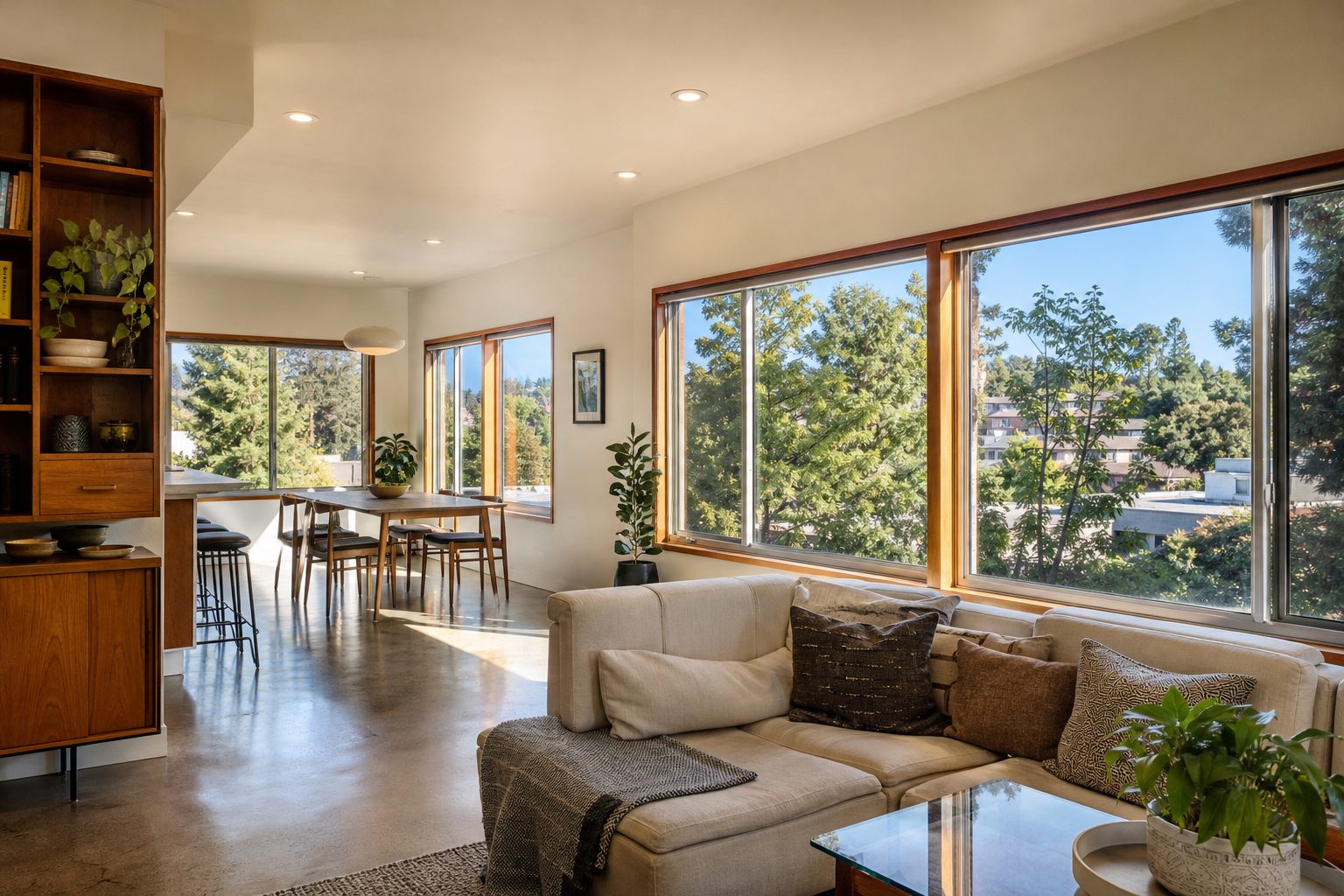 Mid-century modern condo with open floor plan and tree-view windows in Hillcrest's dense, walkable residential neighborhood, morning light through