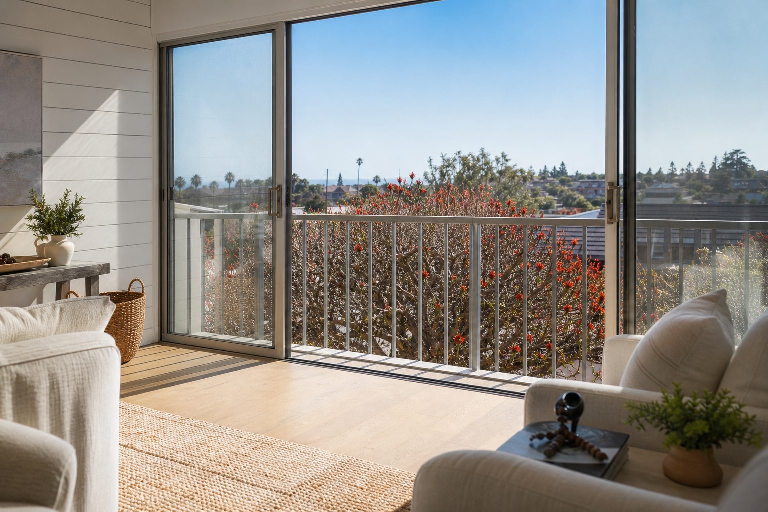 Light-filled coastal condo interior in Point Loma with open glass doors, native tree views, and contemporary furnishings.