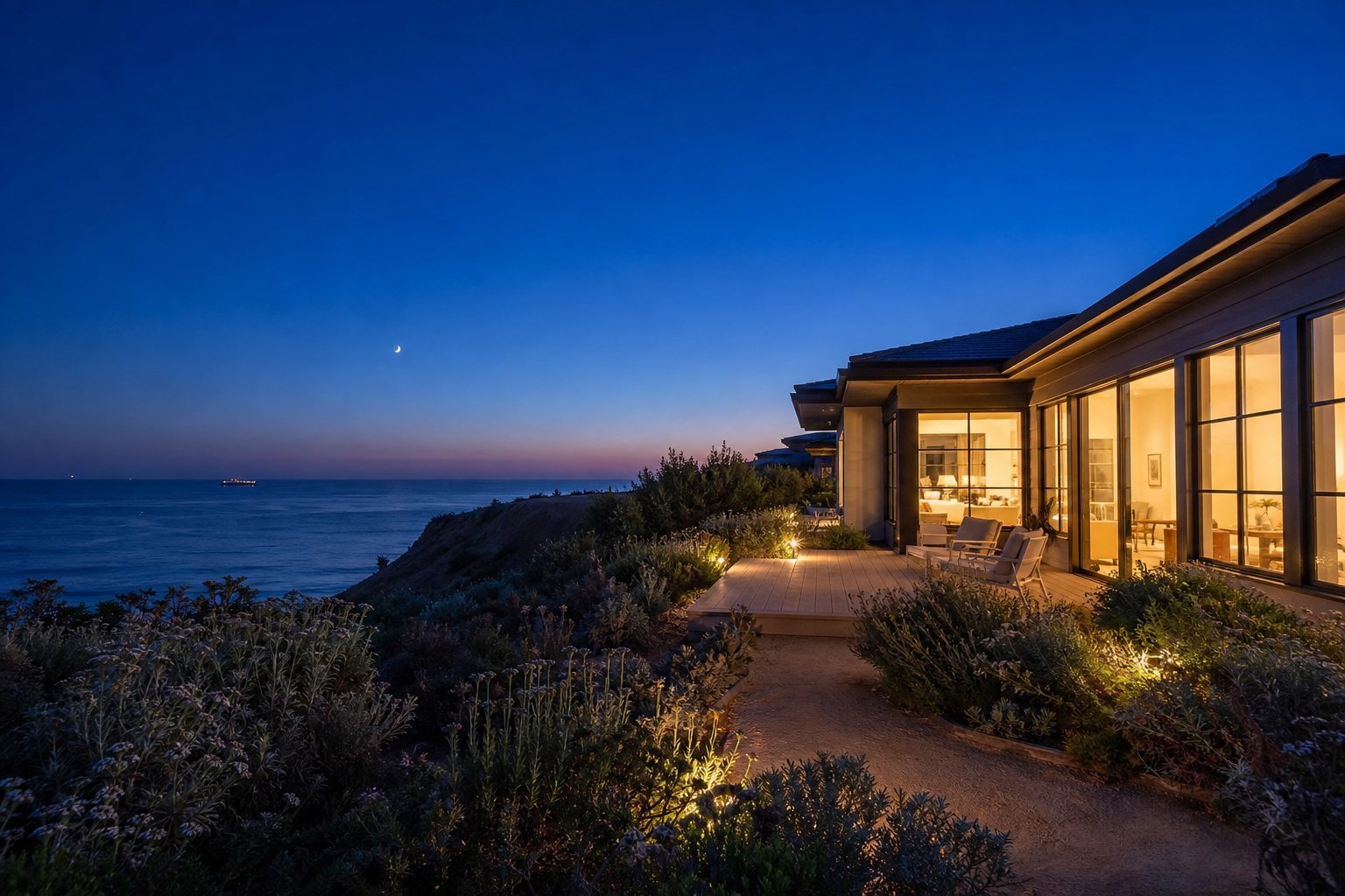La Jolla bluff-top home at twilight showing constrained deck space, native coastal vegetation, and enforced setbacks from ocean cliffs.