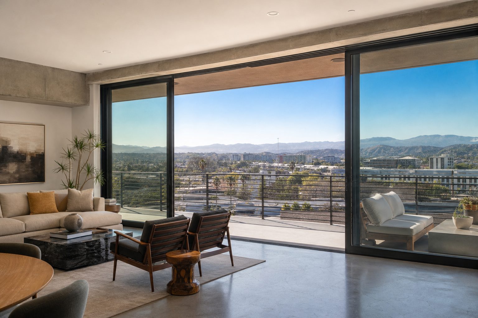 Modern condo common area with glass sliders and balcony overlooking Mission Valley neighborhood and stadium development.