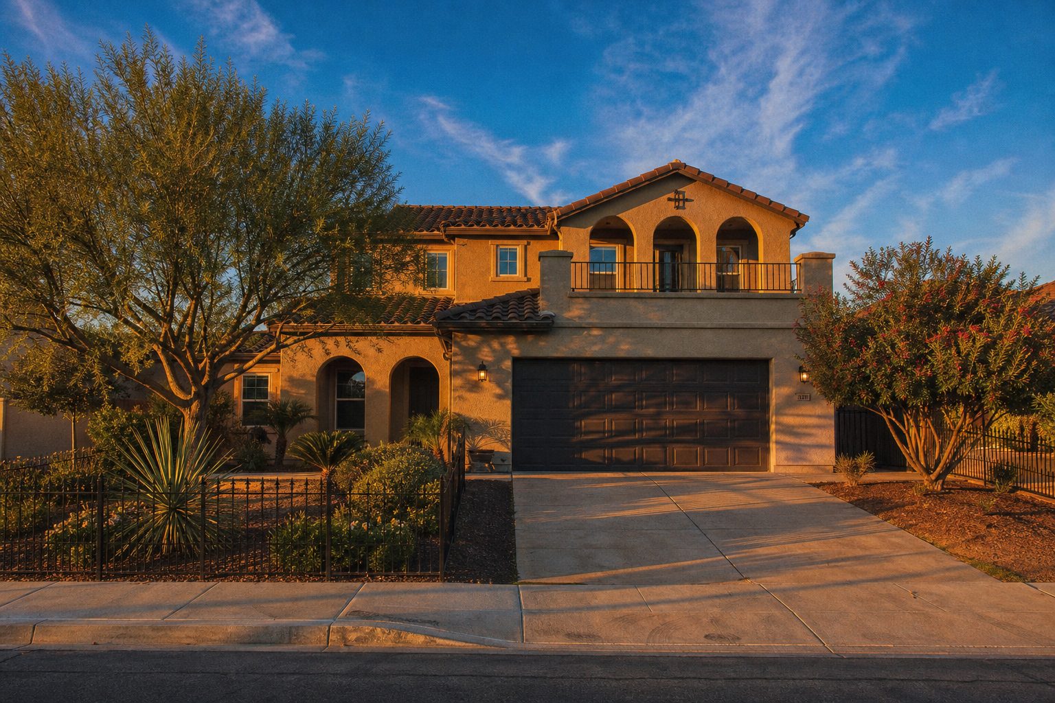Well-maintained two-story stucco home with tile roof and mature trees in South Chula Vista neighborhood at golden hour.