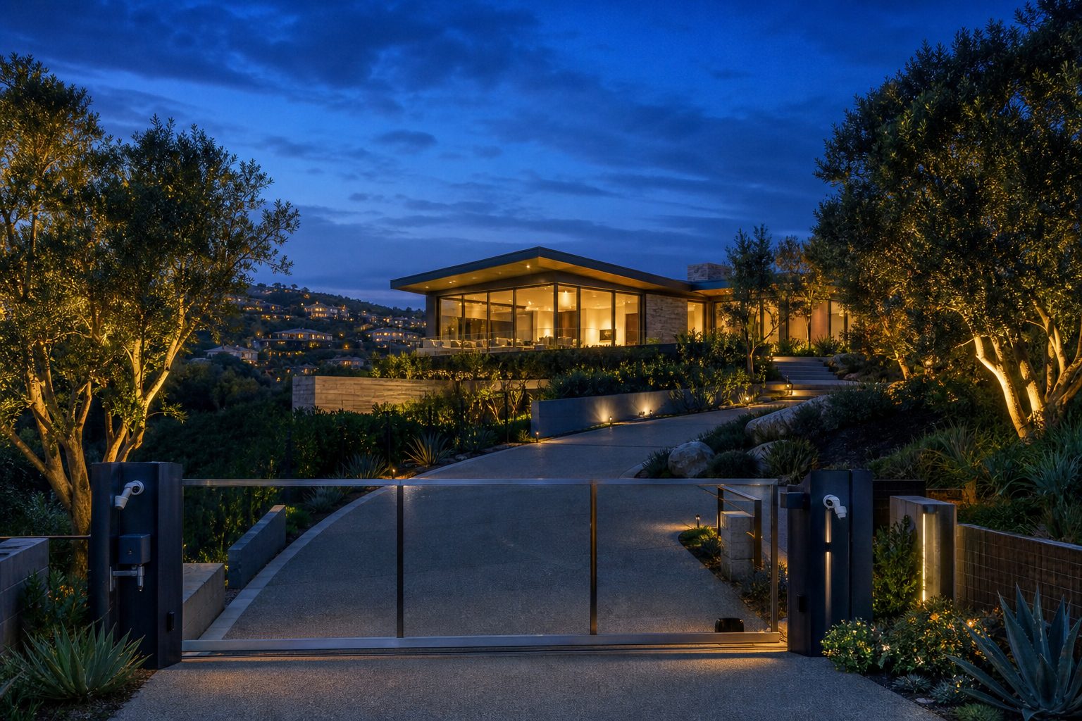 Contemporary luxury estate at twilight with automated gate access and landscape lighting in Rancho Santa Fe.