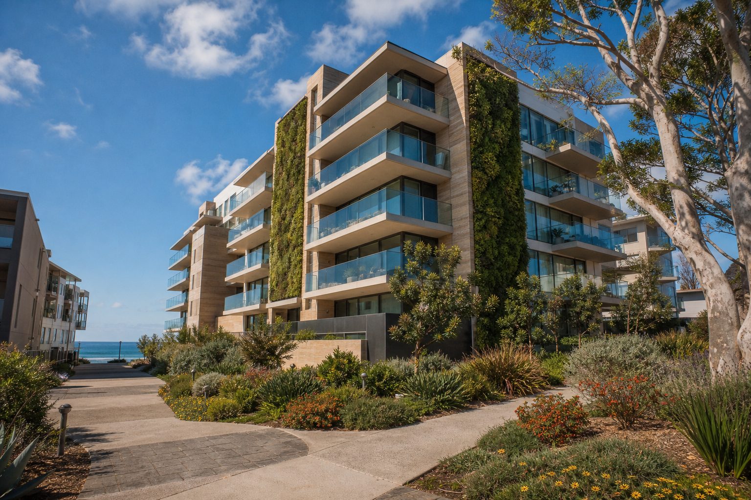 Contemporary mid-rise condo building with glass balconies and native landscaping in courtyard setting in Mission Beach, San Diego.