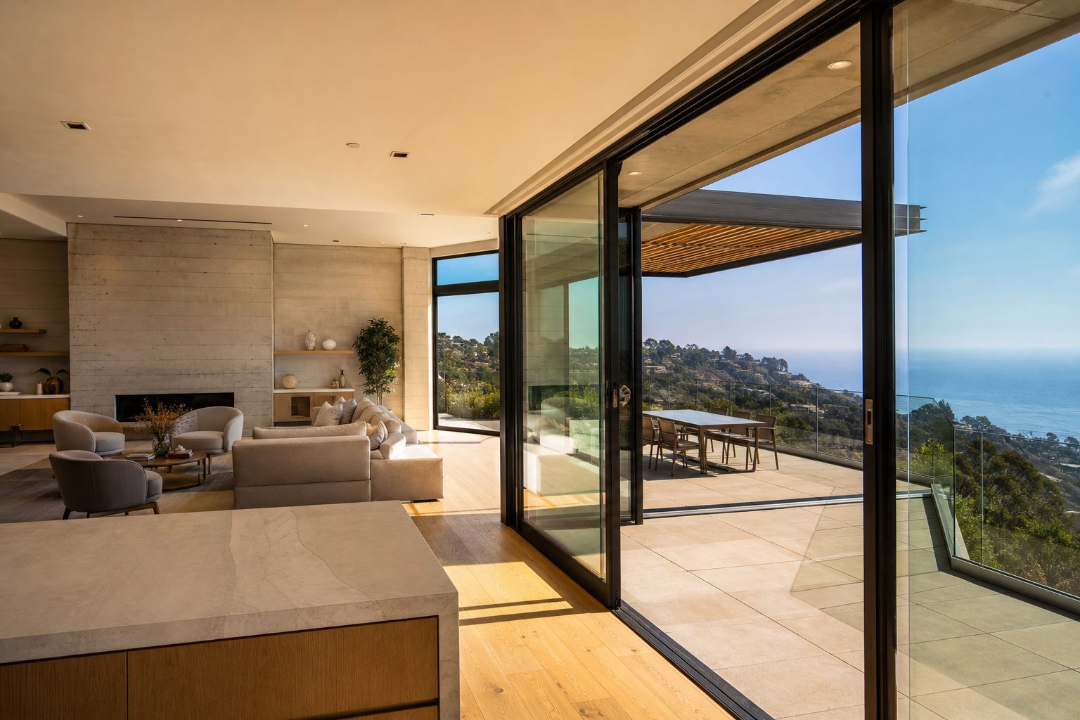 Modern luxury interior in La Jolla Heights with floor-to-ceiling windows, oak flooring, contemporary furnishings, and ocean views beyond coastal