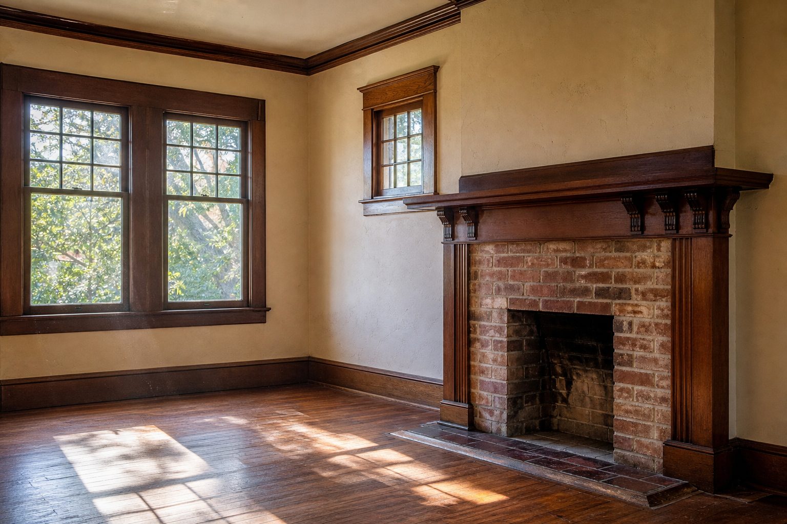 Historic 1920s bungalow interior with original fireplace, hardwood floors, and period molding in Mission Hills.