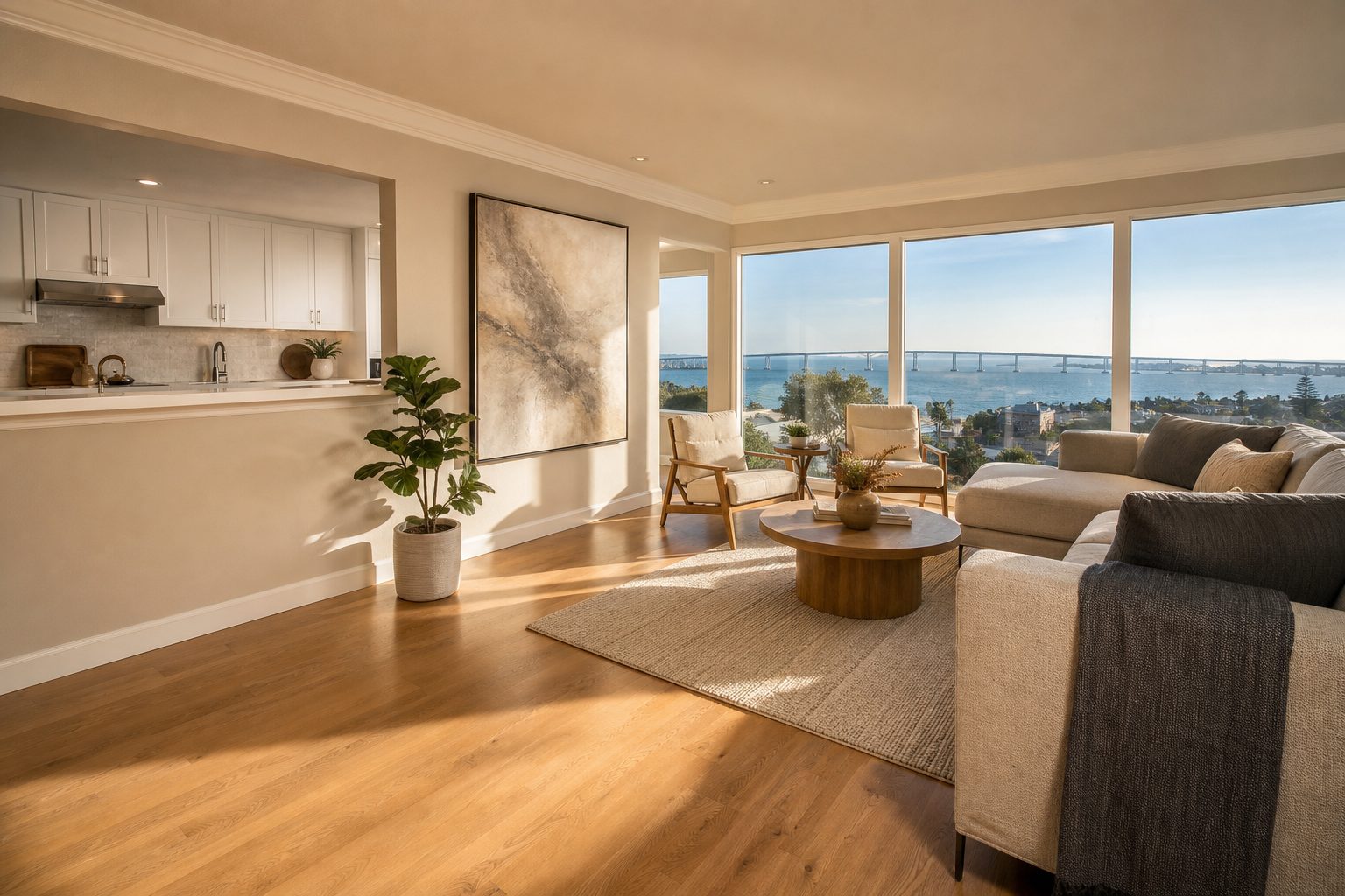 Bright modern living room with ocean views toward San Diego Bay and Coronado Bridge, Point Loma home interior.