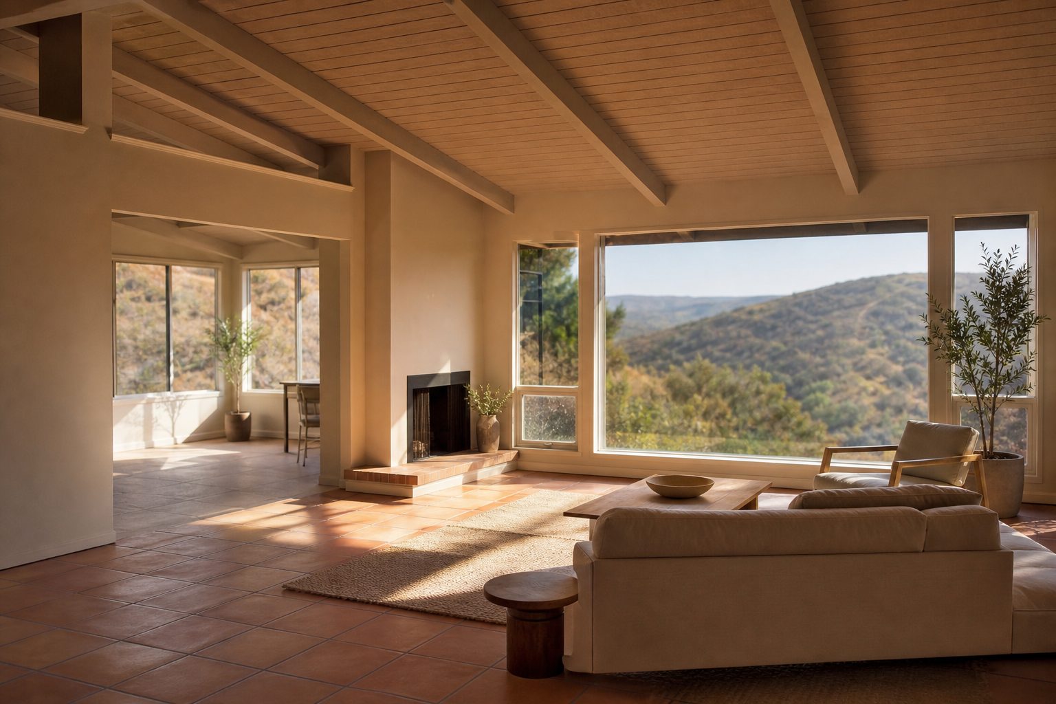 Staged Tierrasanta home interior with natural window light, open-concept living room, Mission Trails views, fresh neutral paint.