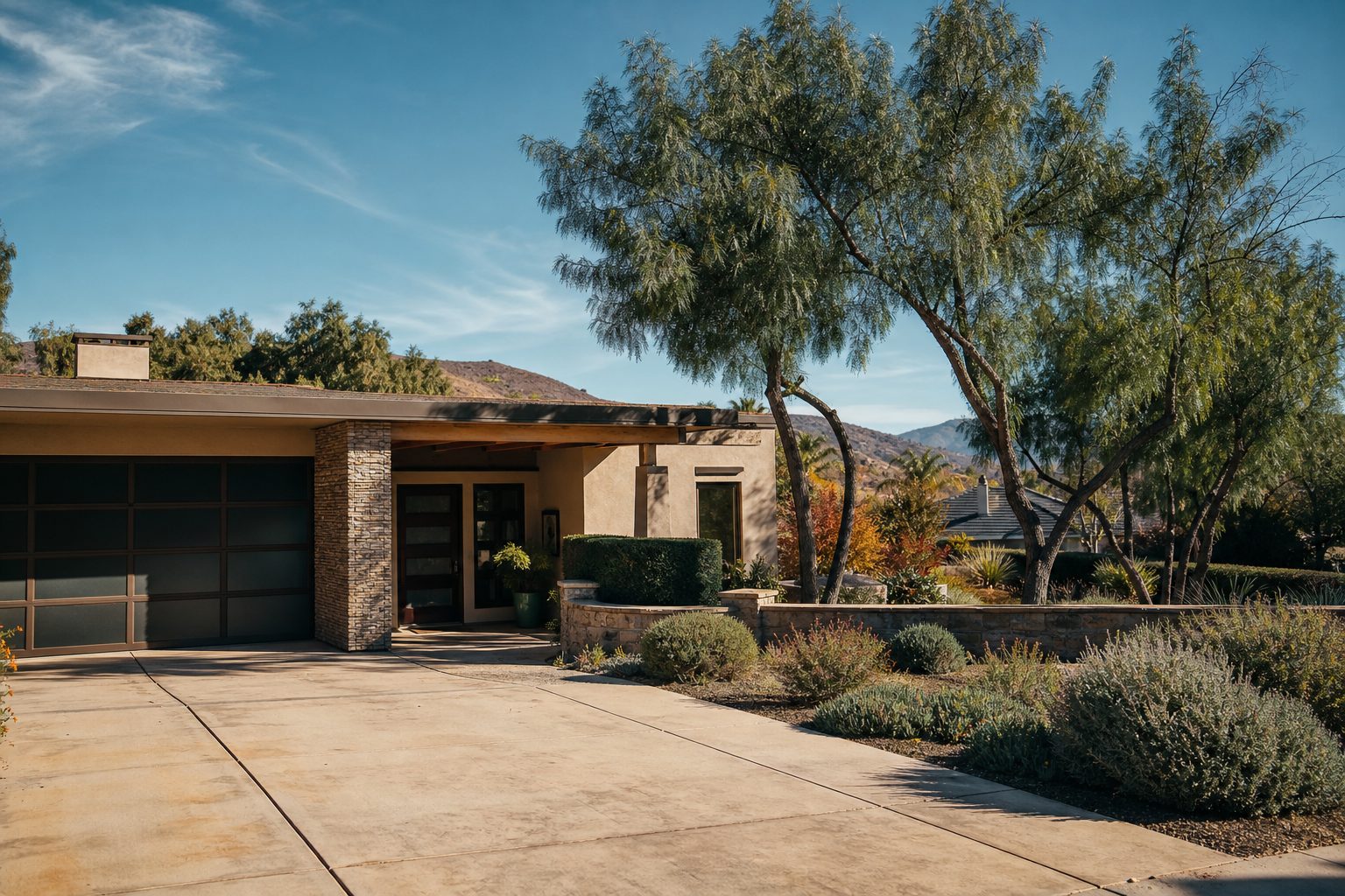 Modern single-story home with native landscaping in Rancho Bernardo with clear autumn sky and distant hills.