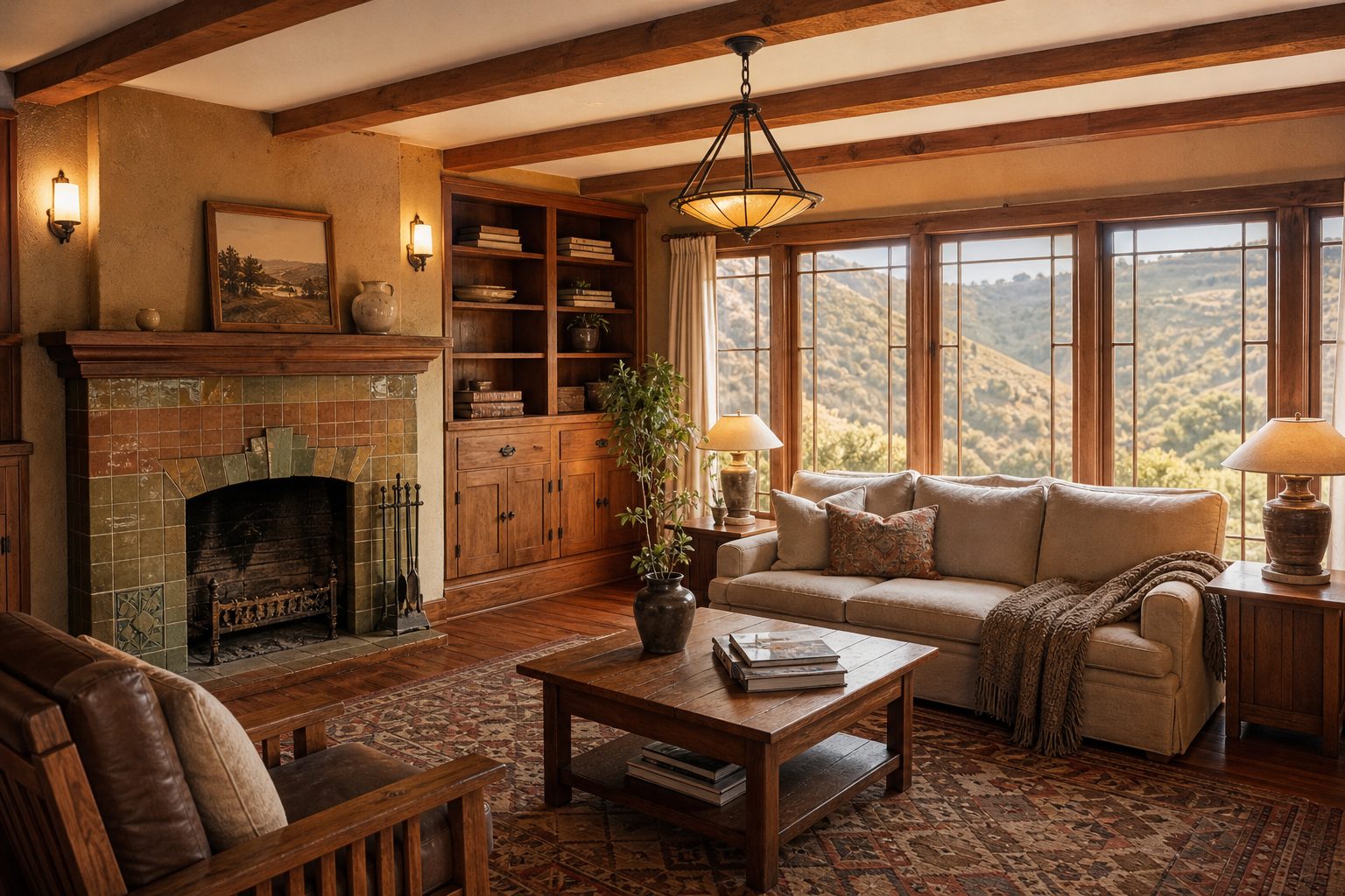 Historic 1920s Craftsman interior with original hardwood floors, fireplace, and canyon views in Mission Hills.