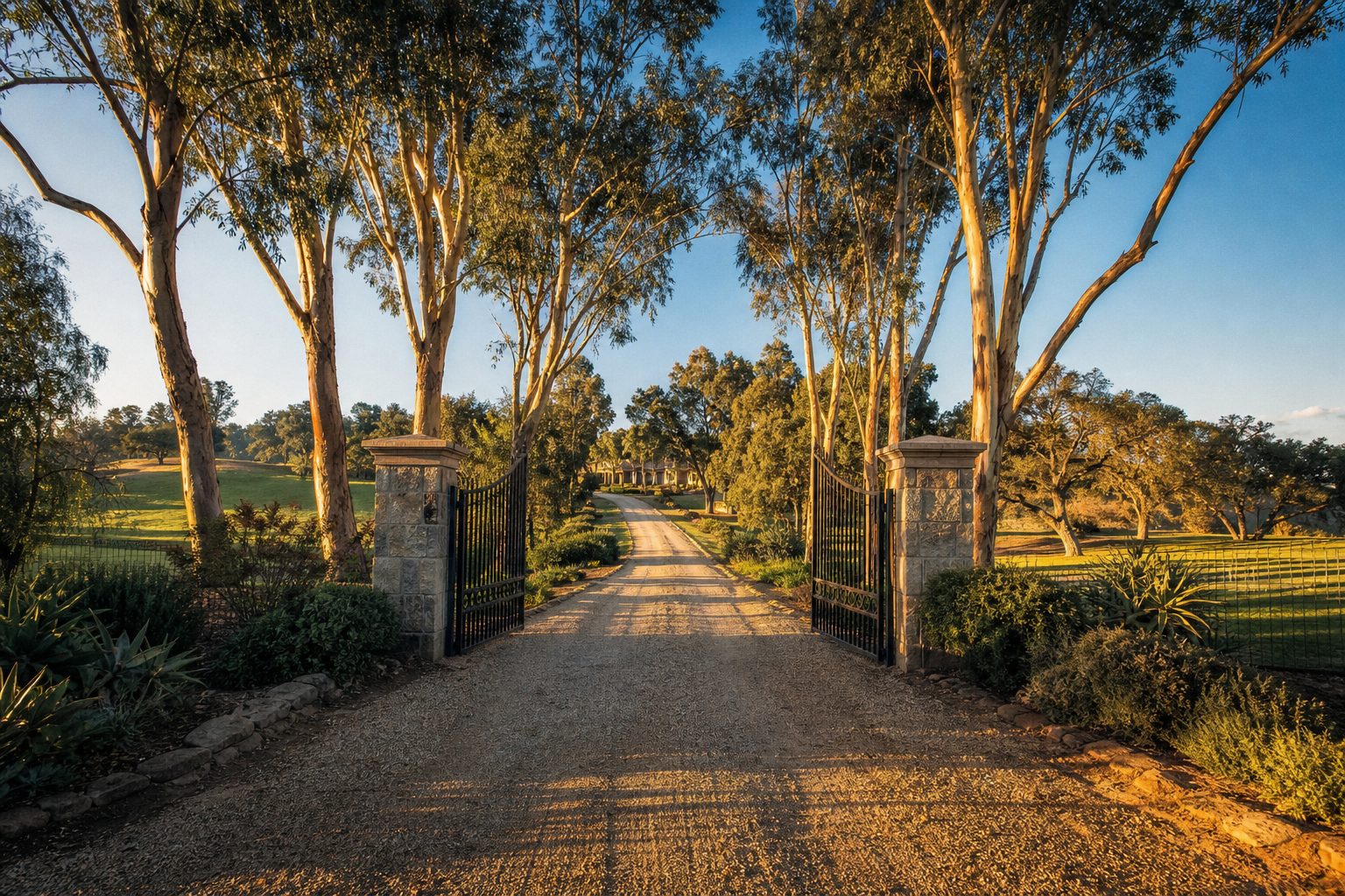 Long private driveway with eucalyptus trees leading to a gated Rancho Santa Fe estate at golden hour.