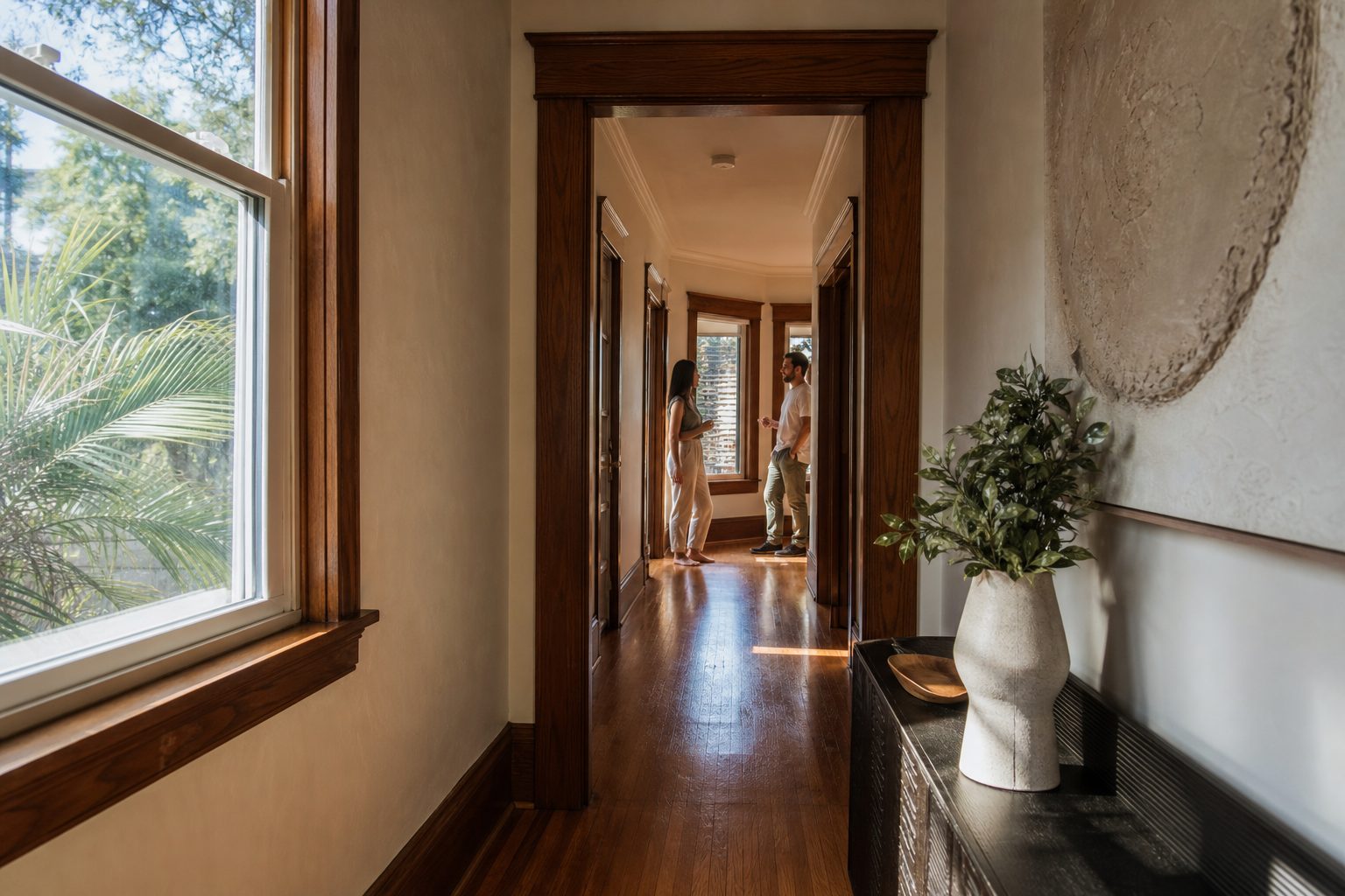 Interior hallway of renovated North Park triplex with hardwood floors, period trim, and residents in natural conversation.