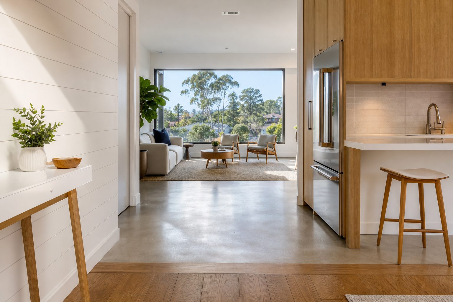 Modern condo interior with open living space and large window overlooking Pacific Beach neighborhood.