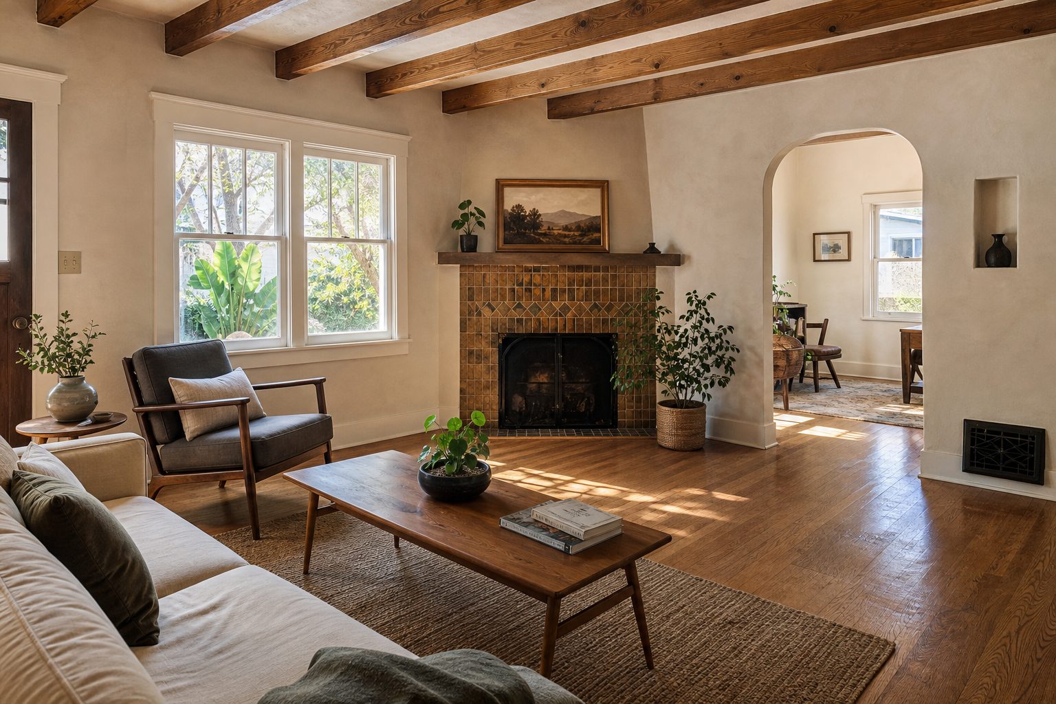 Renovated 1920s bungalow interior with hardwood floors and original architectural details in Normal Heights.