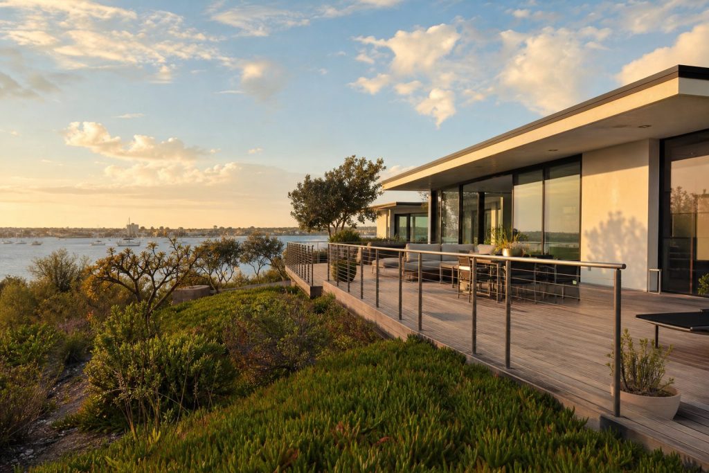 Modern single-family home with floor-to-ceiling windows and wraparound deck overlooking Mission Bay at golden hour in Mission Beach, San Diego.