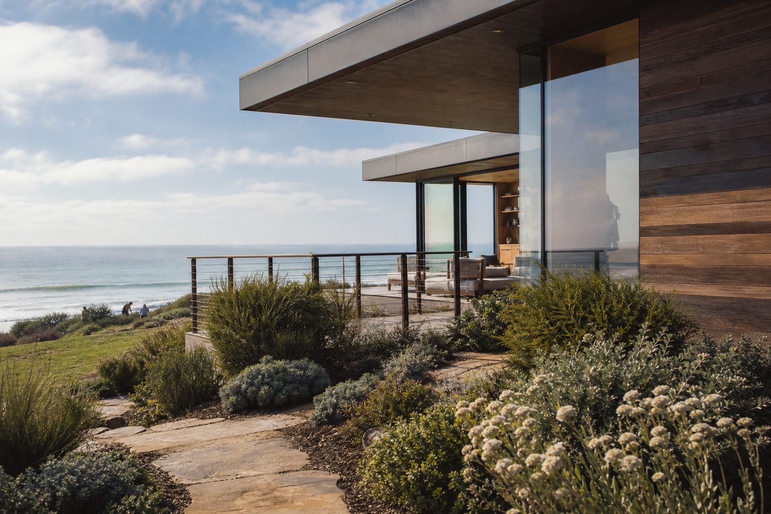 Modern Del Mar bluff-top home with ocean views, native landscaping, and contemporary architecture overlooking the Pacific.