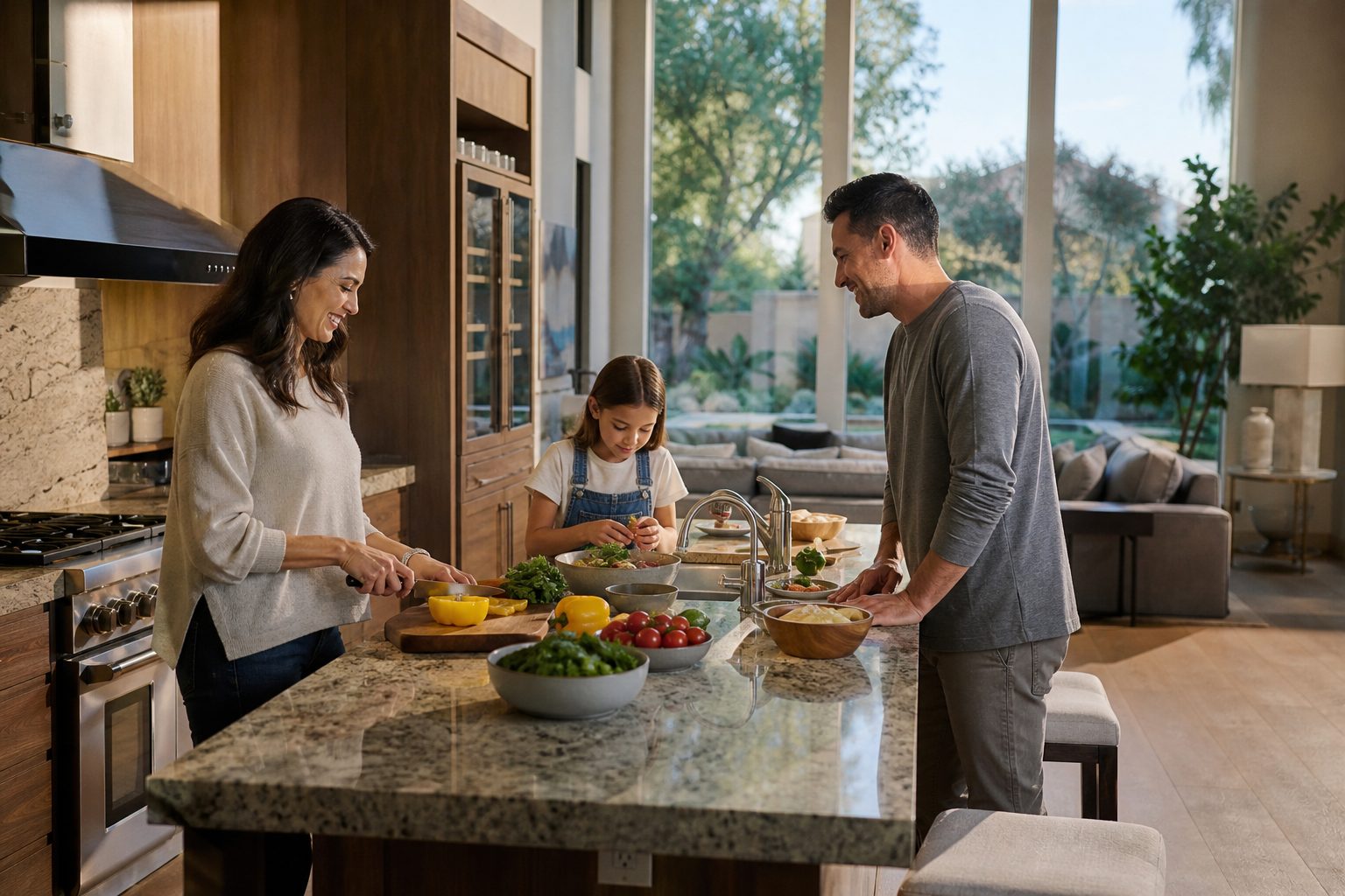 Family of three preparing meal together in bright kitchen with windows overlooking landscaped yard in upscale San Diego home.