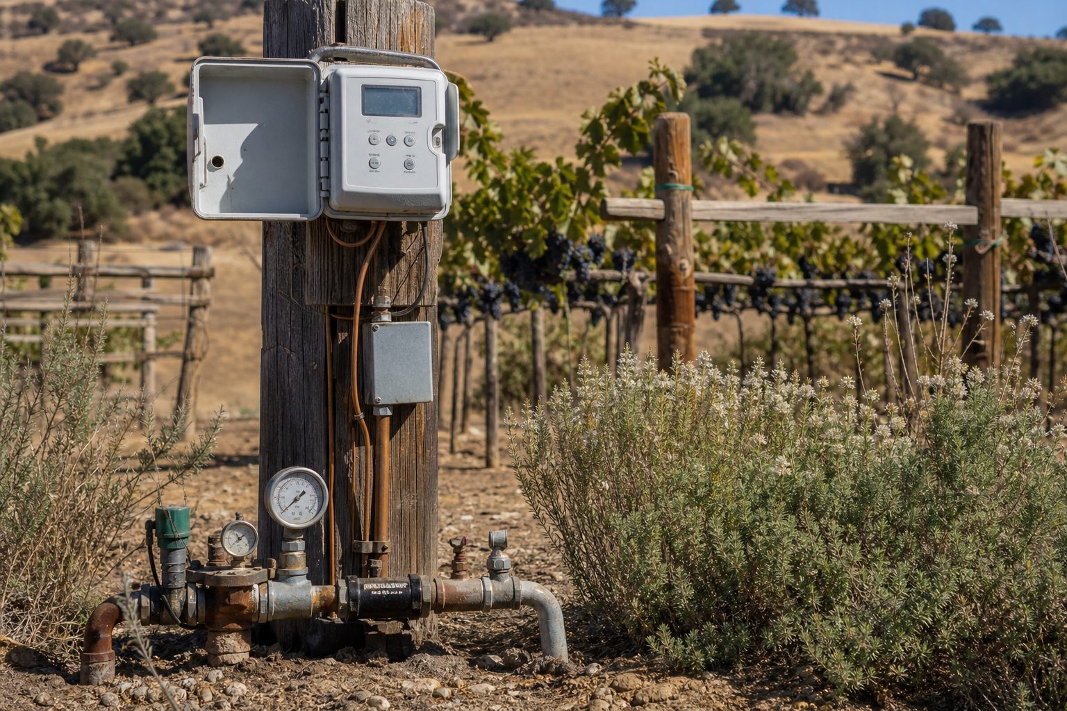 Close-up of weather-based irrigation controller and flow meter on Ramona vineyard property with trained grapevines and chaparral landscape.