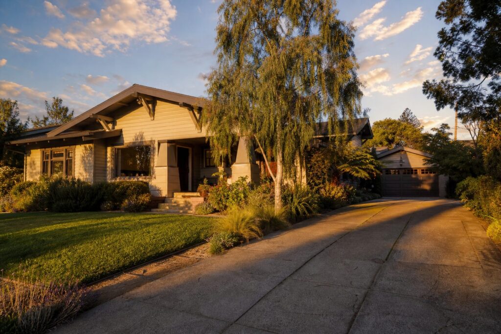 Warm-toned 1920s Craftsman home in North Park with mature landscaping and golden-hour lighting across driveway.