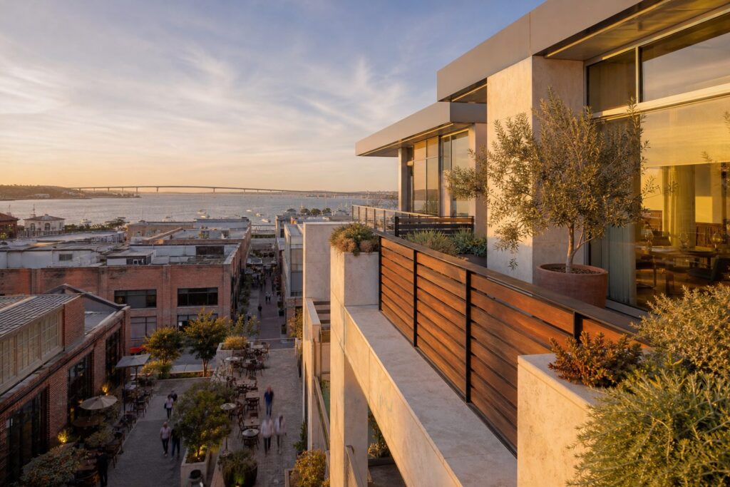 Modern luxury penthouse with glass walls and private balcony overlooking San Diego Bay in Little Italy's historic waterfront district.