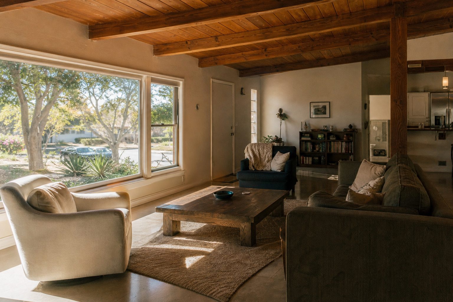 Bright living room interior with wood beamed ceiling, bay window, and yard view in typical Clairemont ranch home.