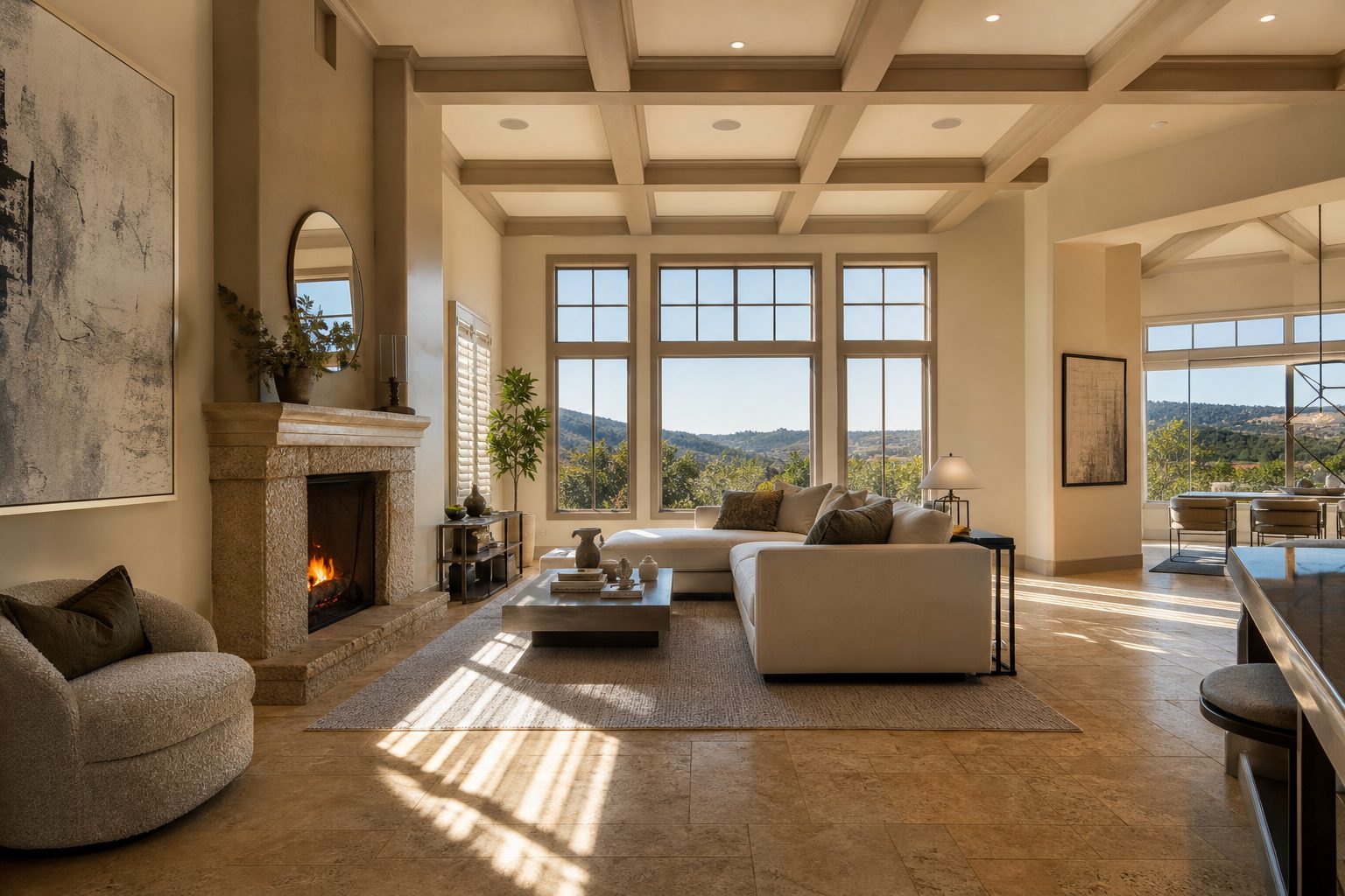 Sophisticated interior of luxury Rancho Santa Fe home featuring coffered ceilings, stone fireplace, and views toward chaparral landscape.