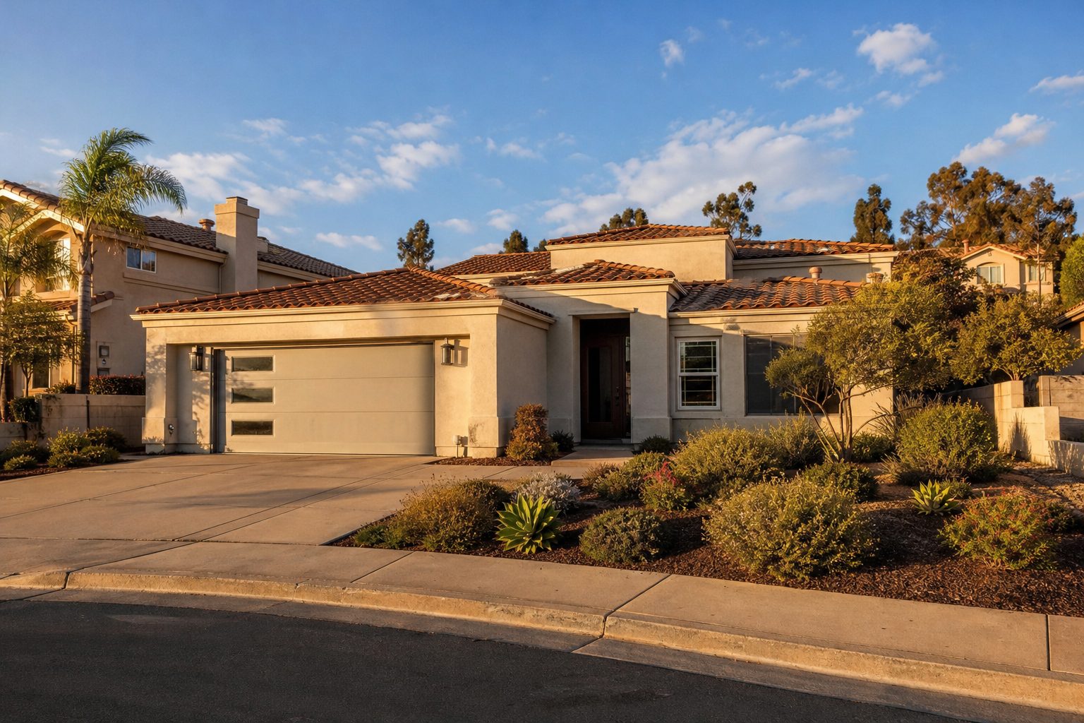 Suburban contemporary home in Mira Mesa with modern finishes and drought-resistant landscaping under afternoon sunlight.