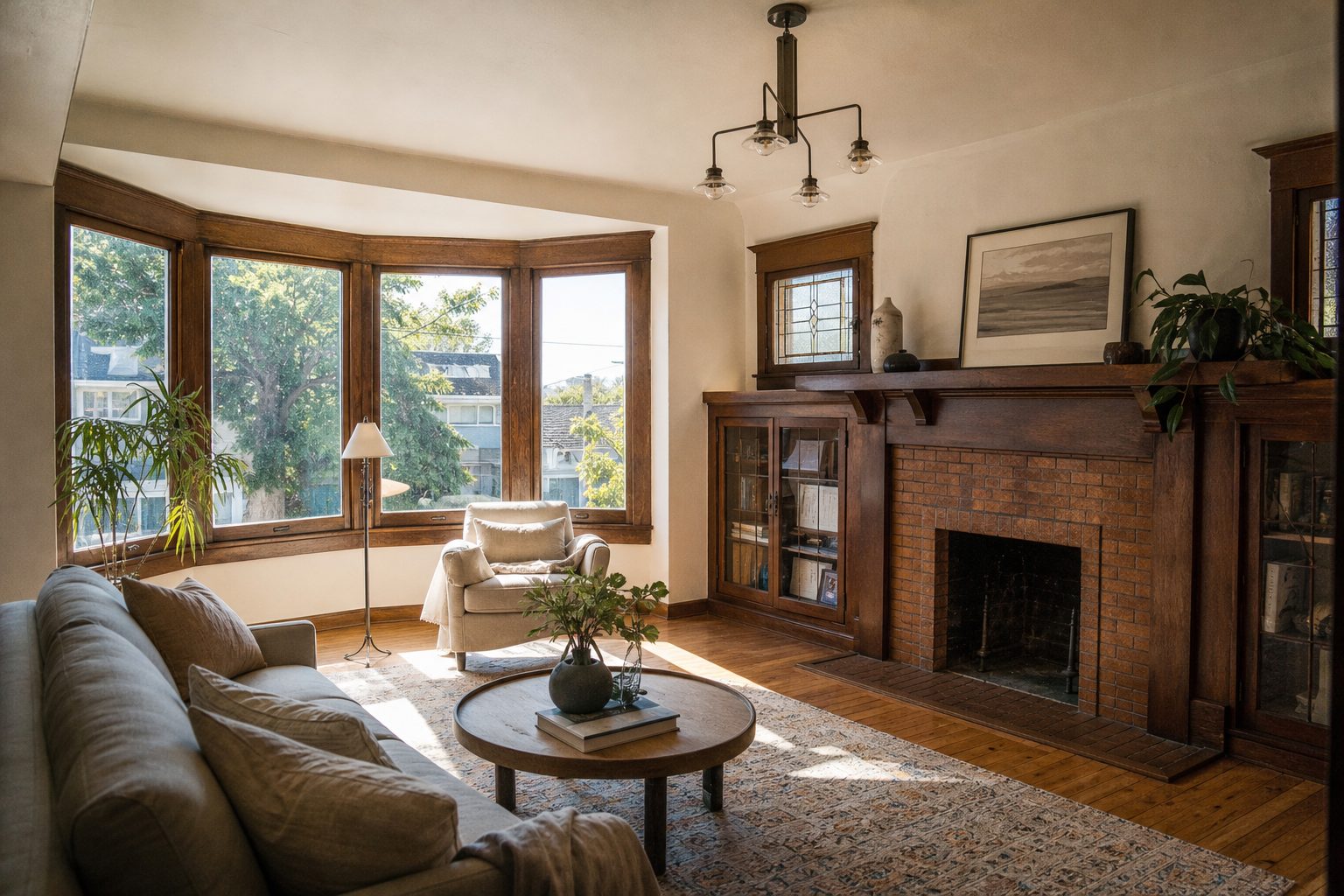 Sunlit interior of early-1900s bungalow with hardwood floors, bay window, and original millwork typical of North Park homes.